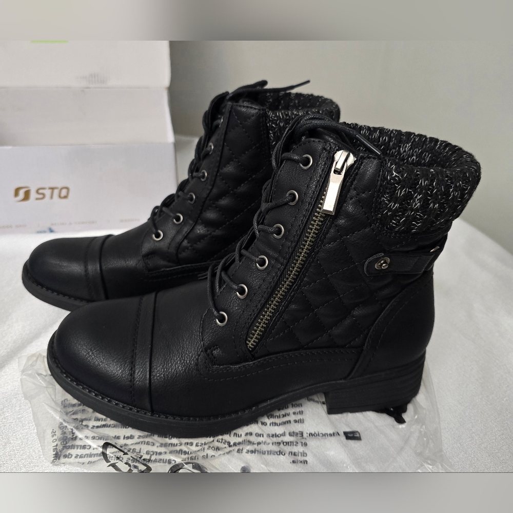 STQ Black Size 7.5 Women's Combat Boots Lace up Ankle Booties Quilted